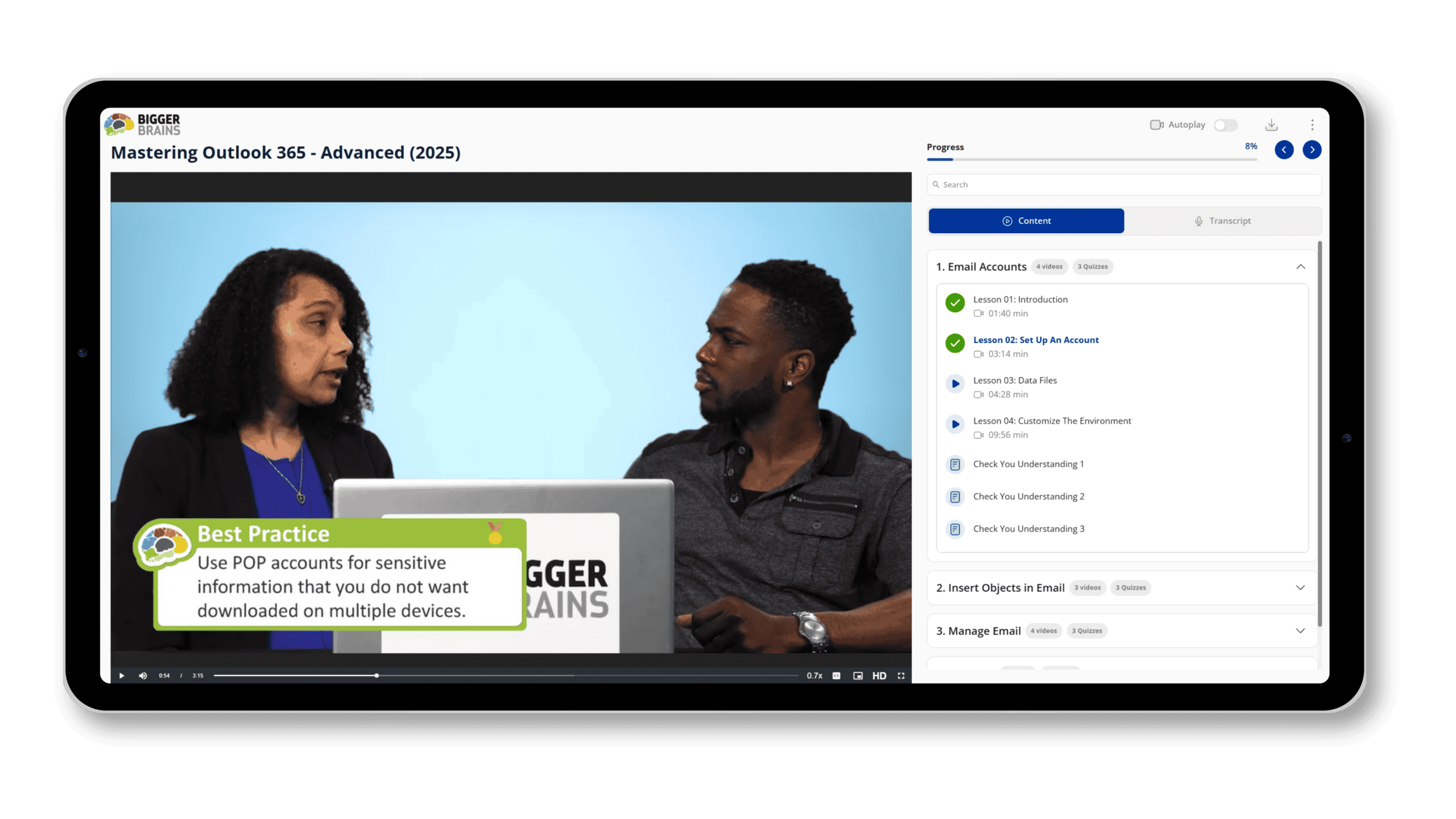 Expert-led training ensures you can learn Microsoft 365 & Business Skills easily. - A tablet showing a Bigger Brains course.