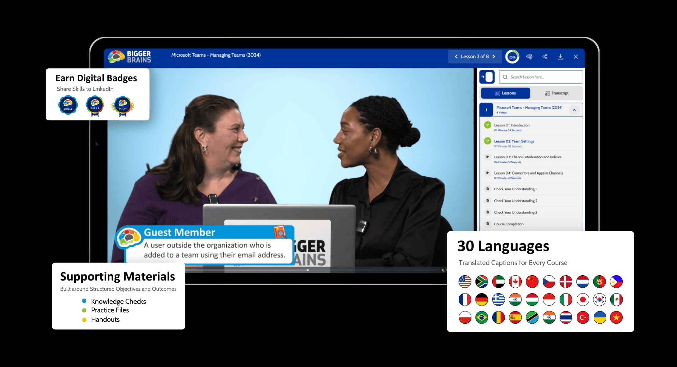 A screenshot of the course 'Microsoft Teams - Managing Teams (2024)'. Showcasing the ability to earn digital badges, access supporting materials, and access captions and transcripts in 30 languages.