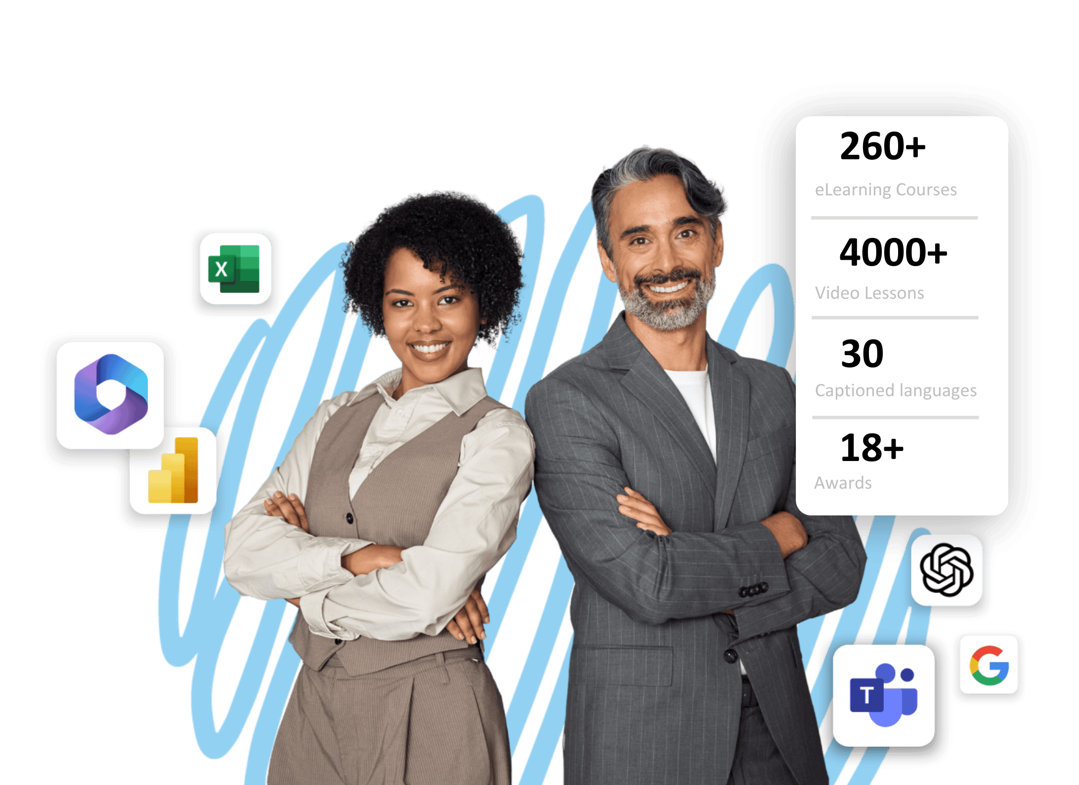 A woman and man standing back-to-back. Symbols for Excel, Microsoft 365, Power BI, ChatGPT, Microsoft Teams, and Google surround them. Statistics about Bigger Brains' accomplishments.