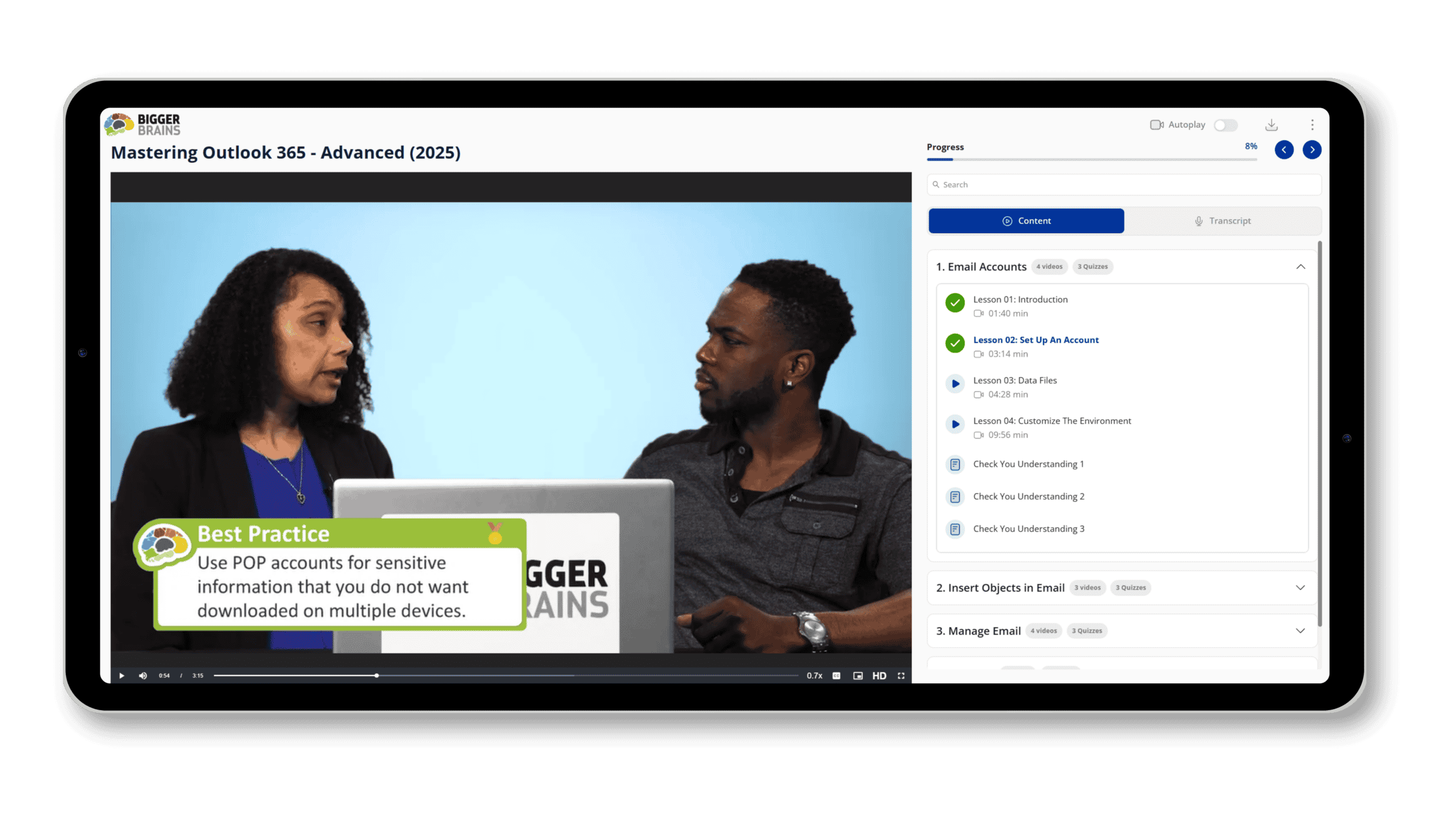 Expert-led training ensures you can learn Microsoft 365 & Business Skills easily. - A tablet showing a Bigger Brains course.